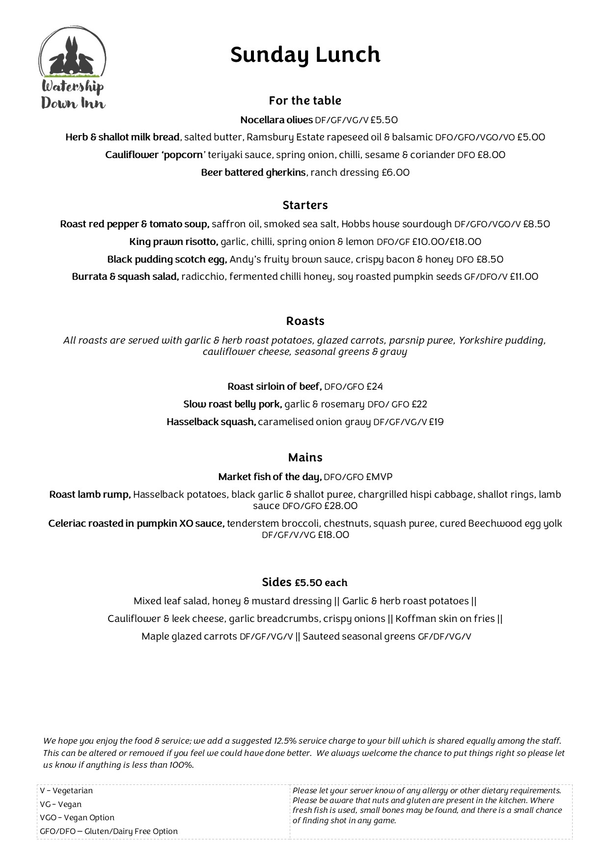 Sunday Lunch menu