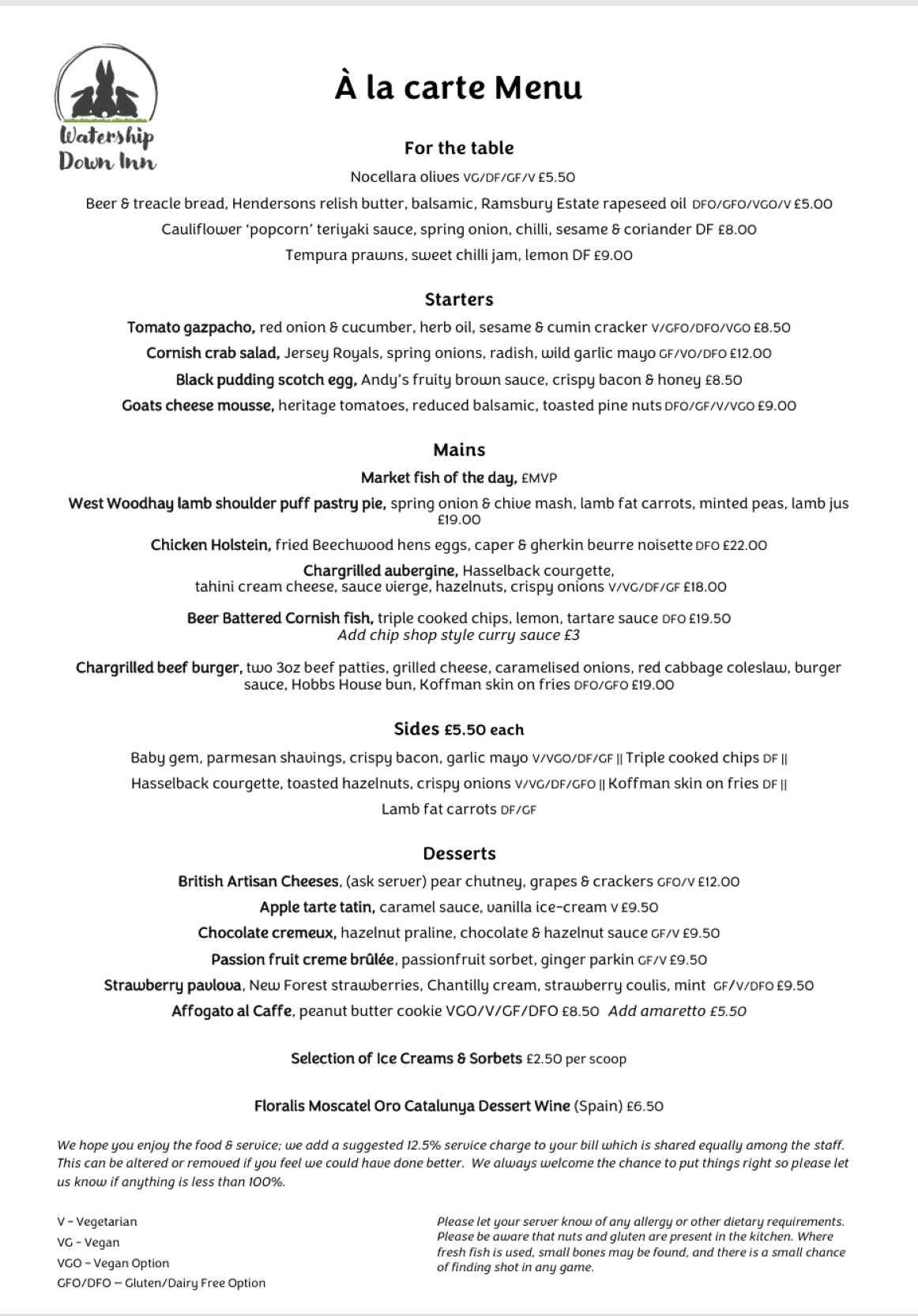 À la carte menu