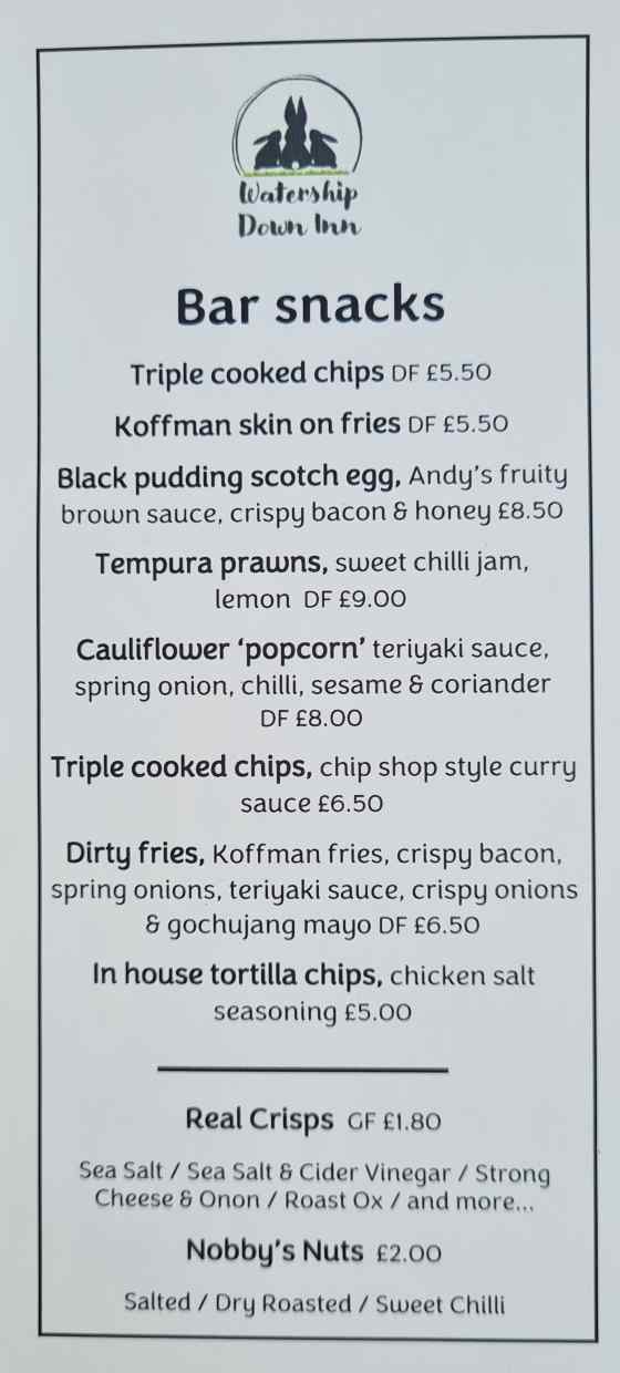 Bar Snacks menu