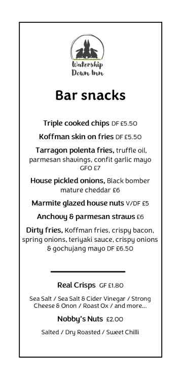 Bar Snacks menu