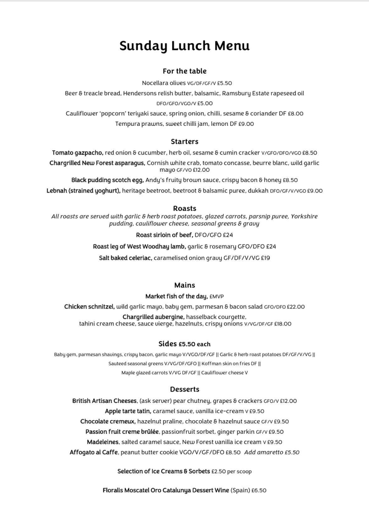 Sunday Lunch menu